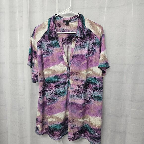 Alfani Purple Blue Abstract Polo Blouse Casual Retro Boho 3X - Picture 8 of 11